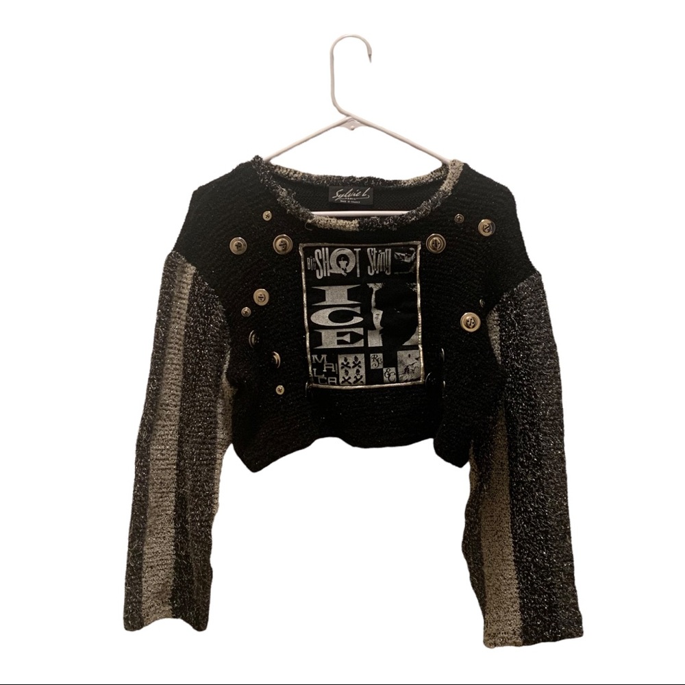 Sylvie L Paris Vintage Punk Black and White Scatter Button Cropped Sweater